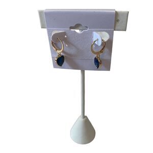 Small Gold Toned Blue Pave Heart Shaped Drop Hoop Earrings